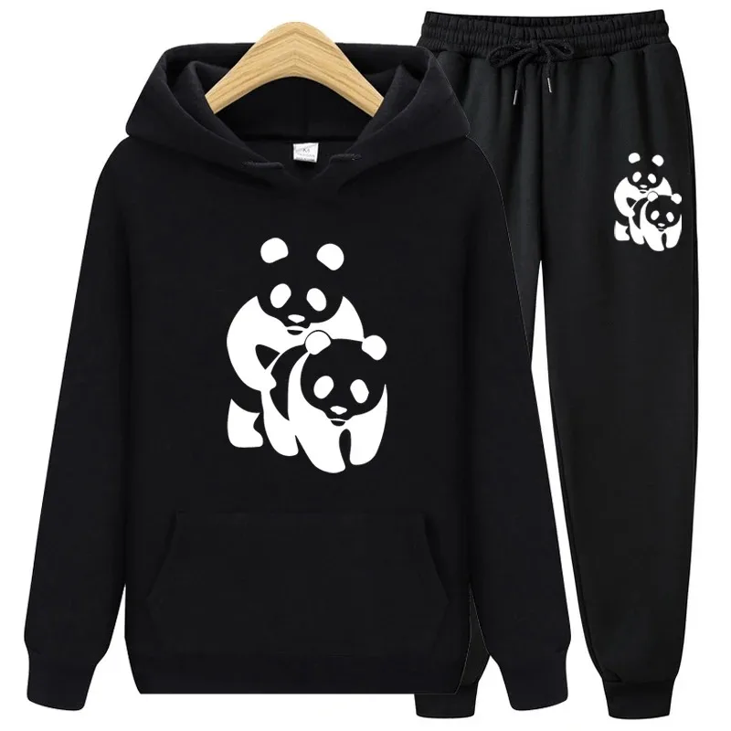 Cute Panda Print AutumnWinter MenWomen Cotton Tracksuit Suit Casual Hoodie+Pants 2pcs Sets Streetwear Fashion Unisex Clothing woman s hollow out mini jeans erotic cute lingerie sets outdoor ass hole short pants with holes see through clubwear kawaii tops