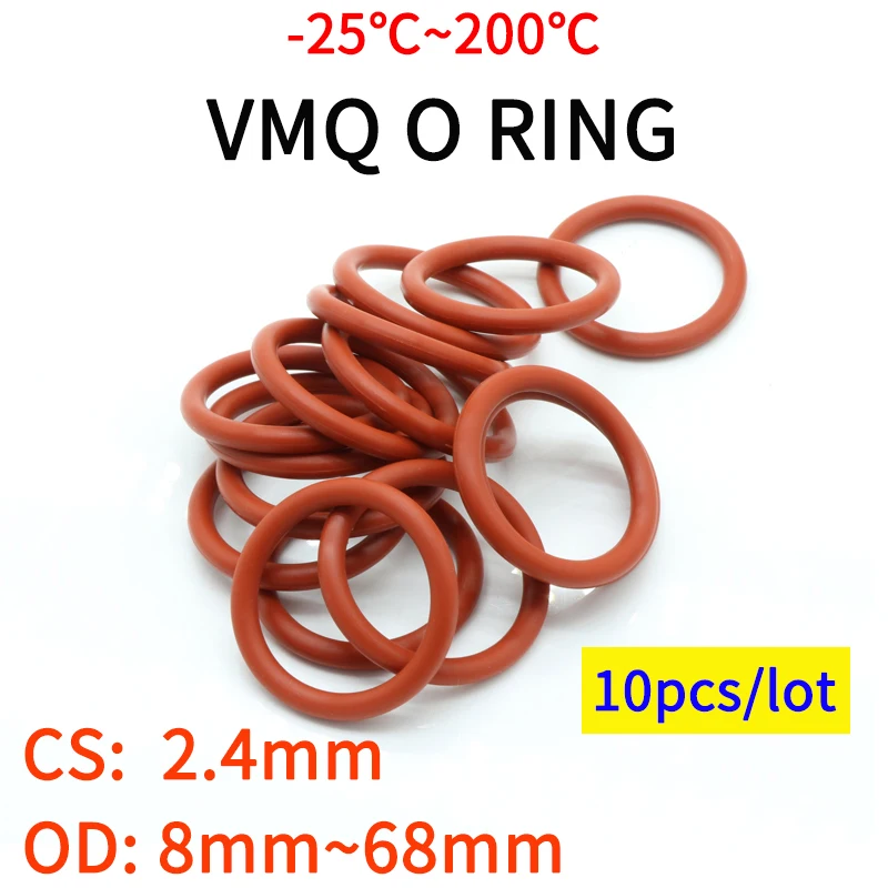 VMQ O Ring Seal Gasket Thickness CS 2.4mm OD 8 ~ 68mm Silicone Rubber Insulated Waterproof Washer Round Shape Nontoxi Red 10pcs rubber o rings sealing gasket silicone o rings rubber washers