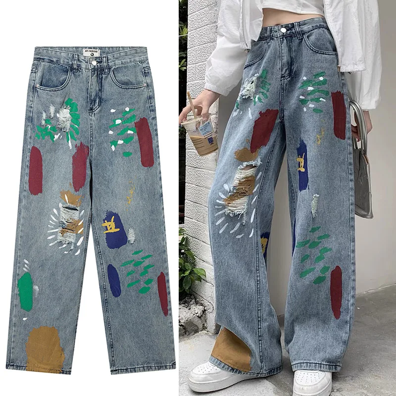 

Harajuku Hand Painted Graffiti Blue Loose Jeans Men's Oversized Street Costume Rock Punk Gothic Vintage Wide Leg Pants Women Y2K