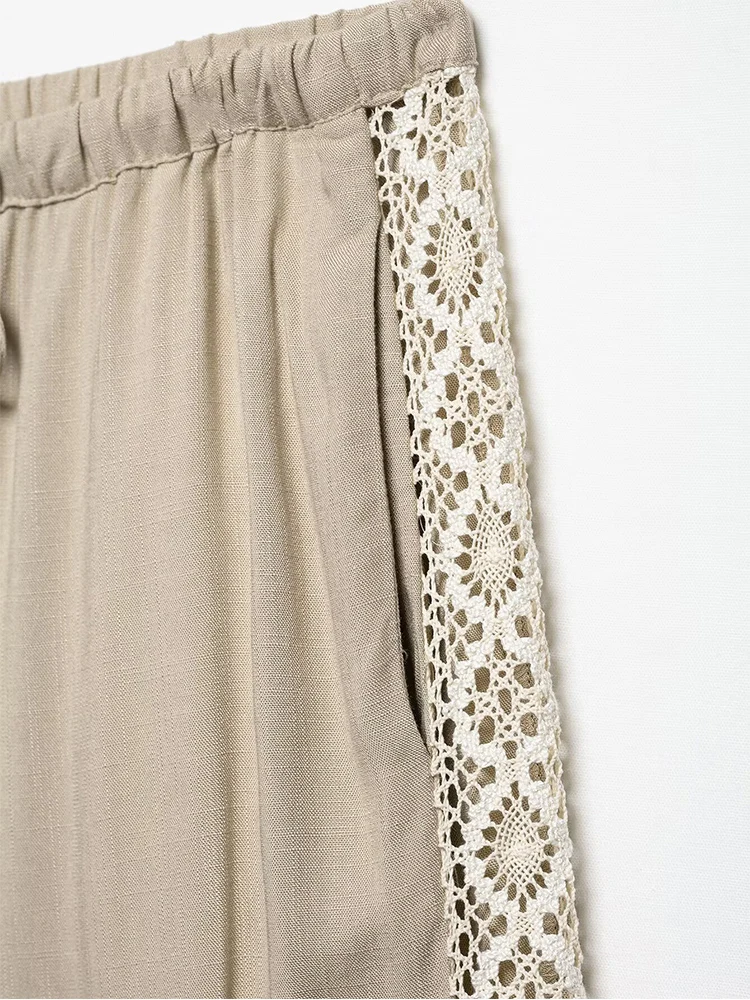 TFMLN New Women Summer Pant Sets Chic Hollow Embroidery Splice Decoration Lapel Blouses Top Solid High Waist Casual Trousers