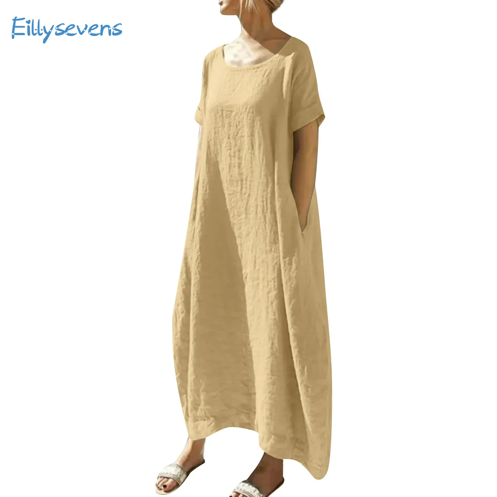 

Women Cotton And Linen Dresses Large Size Loose Solid Simple Short Sleeved Round Collar Dress Casual Daily Commute Pocket Dress