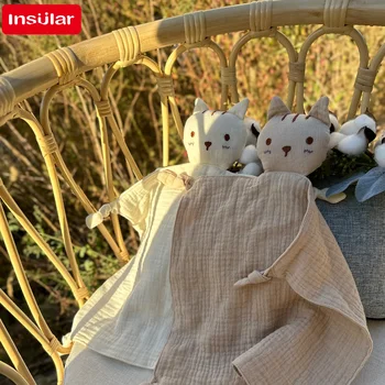 Soft Cotton Muslin Baby Bib Stuffed Cat Doll Newborn Appease Towel Security Blanket Baby Sleeping Cuddling Towel Facecloth 3