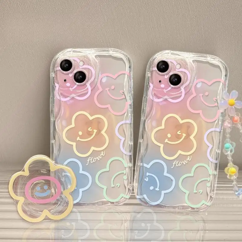 Chic Floral Hanging Chain Clear Phone Case - Korean Style Girly Cover