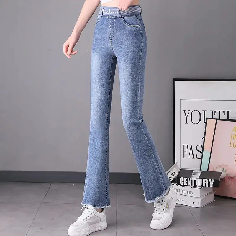 

Korean Fashion Woman High Waist Jeans Spring Summer New Clothing Elastic Band Pockets Slim Denim Solid Casual Flare Pants 2023