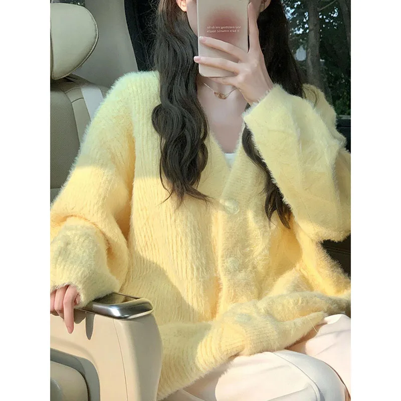 GIDYQ 여성용 가디건 스웨터, 한국 스위트 옐로우 V넥, 부드러운 니트 점퍼, 단색 프레피 스타일, 싱글 브레스트 긴팔 상의