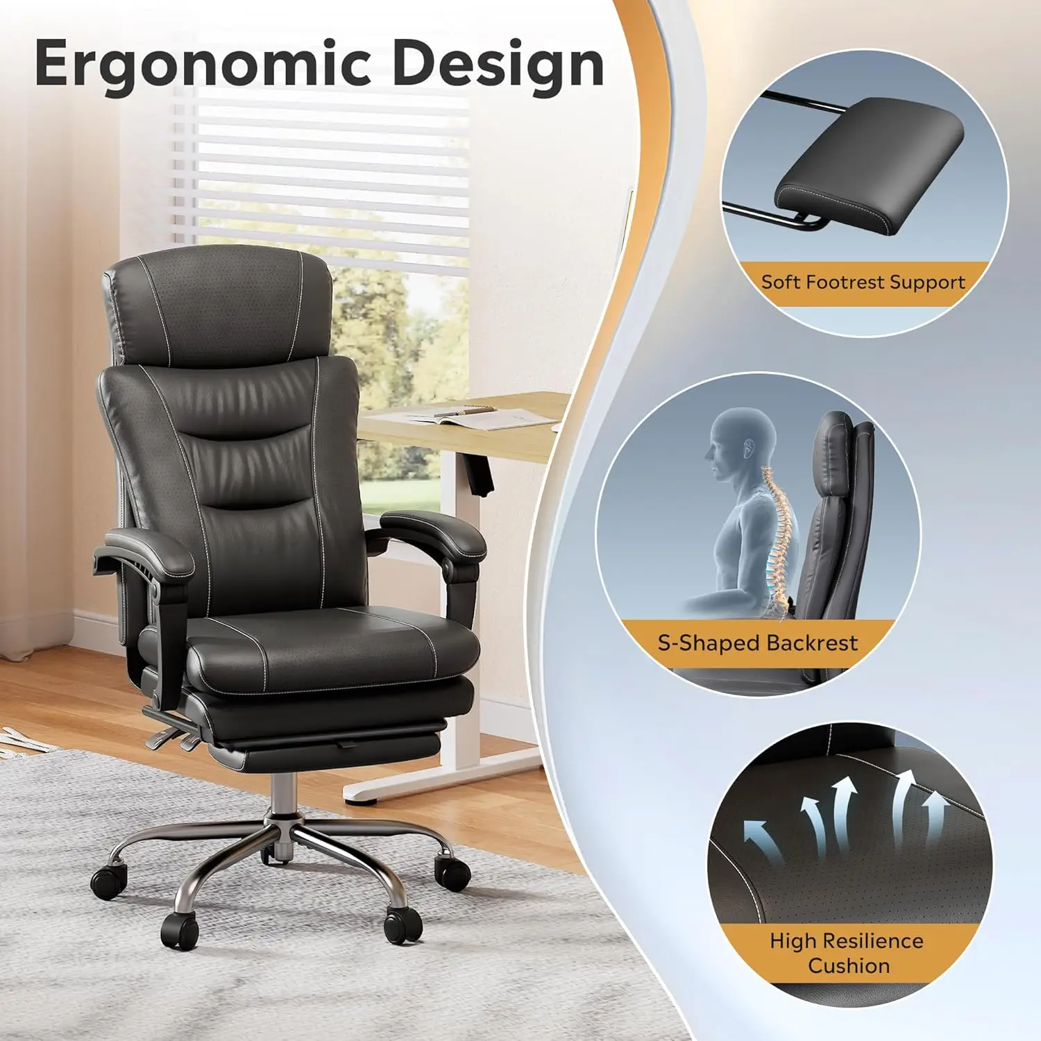 Executive Leather Home Office Chair with Footrest, High Back and Heavy Duty, Comfortable Big and Tall Ergonomic Desk Chair with