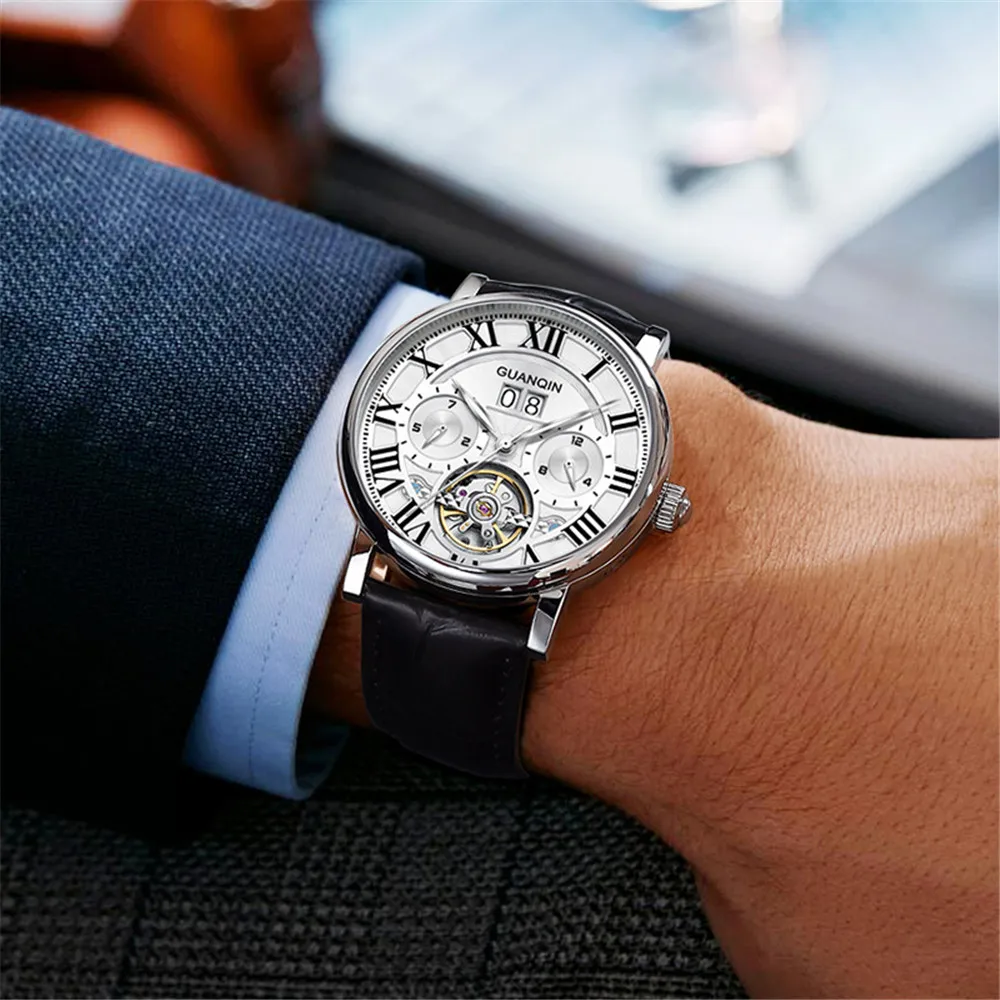 GUANQIN Reloj de pulsera mecánico de cuero luminoso para hombre, cristal de zafiro, resistente al agua, automático, reloj militar de tourbillon_voghion.com