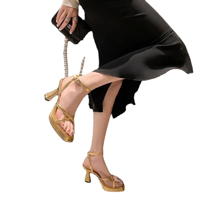2023 Summer Open Toe Women Sandals Fashion Street Style Narrow Band Thick High Heel Shoes Ladies Elegant Outdoor Shoes