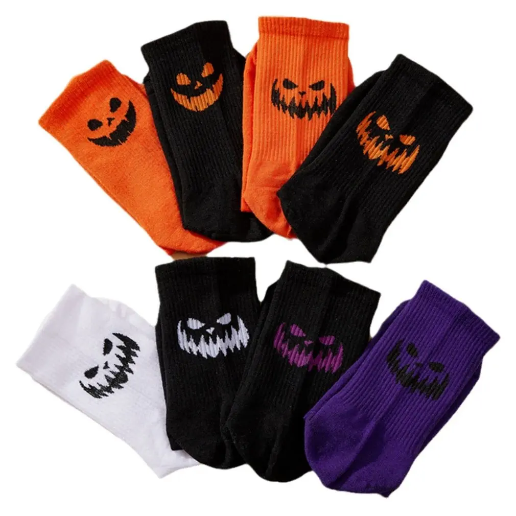 

8Pcs Pumpkin Socks Vertical Stripes Unisex Funny Personality Pattern Mid-top Polyester Warm Breathable Halloween Socks Kids