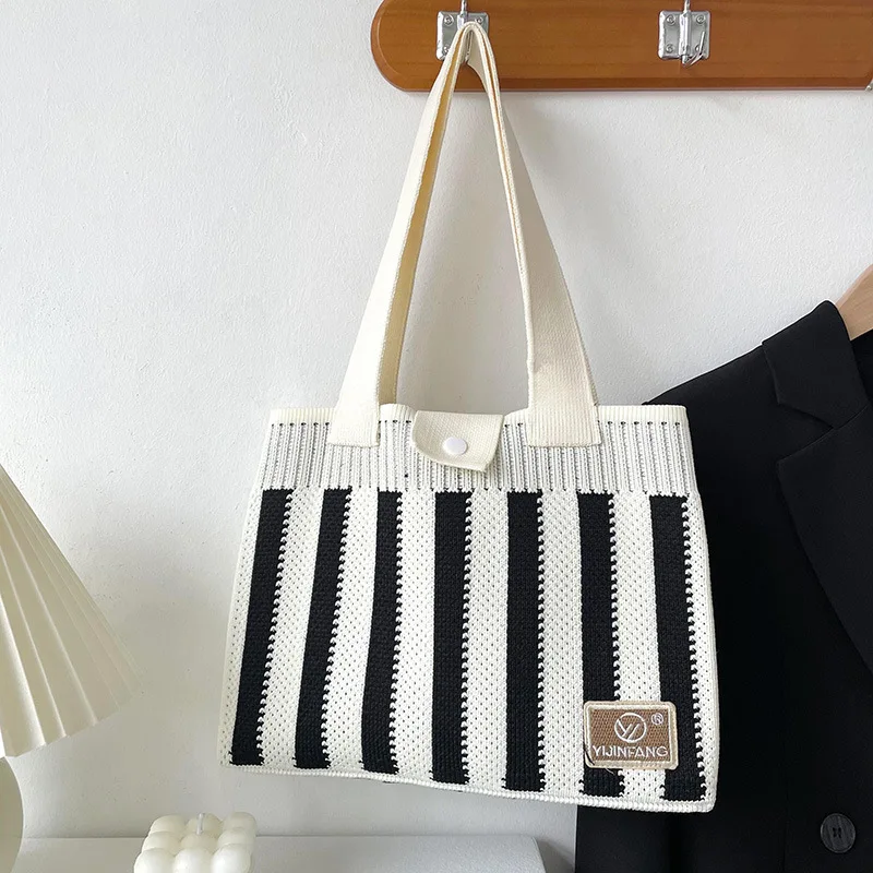 Vintage Knitted Stylish Striped Handbag Medium Size Top-Handle Tote Bag Japanese Korean Harajuku Crochet Square Shopper Hand Bag