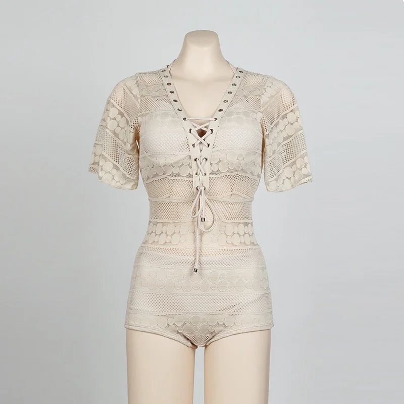 Sexy Lace One Piece Swimsuit Jumpsuits Women Solid Sunscreen Swimwear Lace Up Boho Beach Bathing Suit Mesh Rompers Playsuits