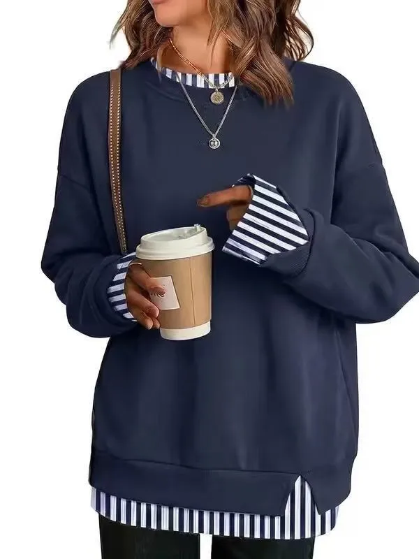 Casual Long Sleeve Top with Round Neck Mid Length Streetwear Women Hoodie Pullover Regular Thickness Patchwork Sweatshirt