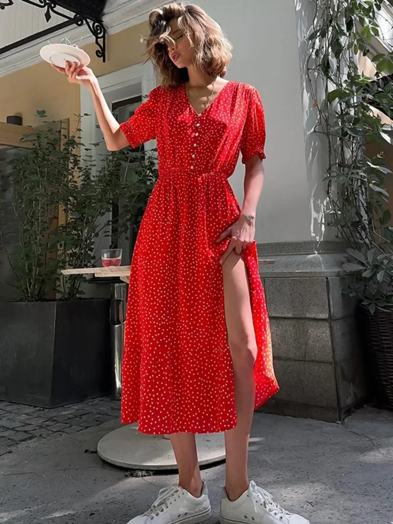 

Woman Clothes V-neck Short Sleeve Dot Printed Red Dress Holiday Vacation Long Dresses Streetwear High Waist Slit Party Vestidos