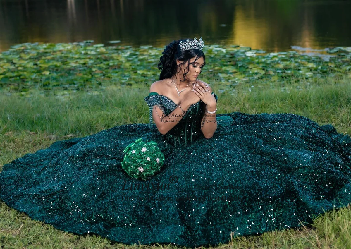 

Мексиканское бальное платье, платье Quinceanera, блестящий бархатный корсет с блестками, милое платье принцессы с открытыми плечами, 15 лет
