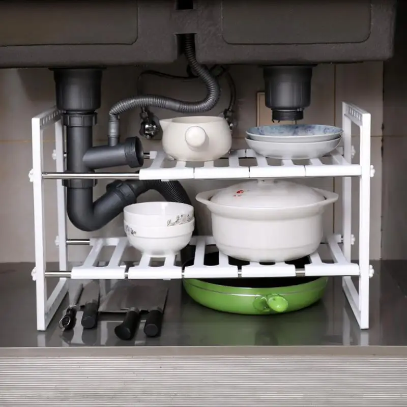 Kitchen Storage Rack Stainless Steel Retractable Cabinet Double Partition Rack Household Pot And Bowl Storage
