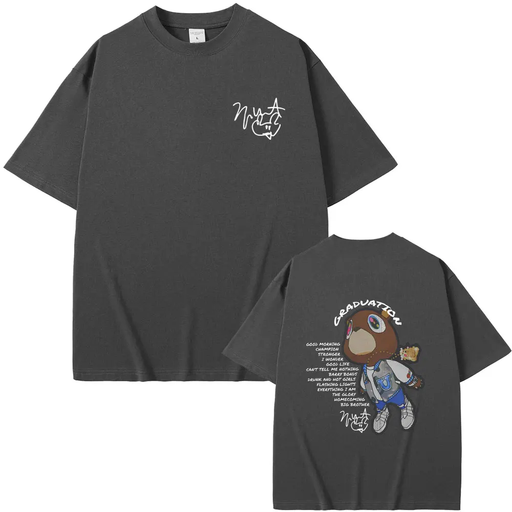 랩퍼 카니 예 웨스트 졸업 양면 그래픽 티셔츠 남성 여성 힙합 오버 사이즈 O 칼라 Tshirt 남성 카니 예 블랙 티셔츠