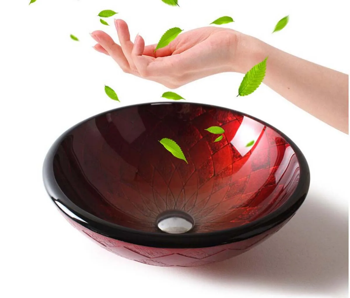 

Bathroom Round Tempered Glass Sink Cloakroom Counter Hand Paint Top Washbasin BW14078-1R