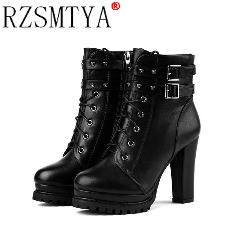 Women Autumn Ankle Boots Sexy Office High Heels Platform Boots Round Toe Leather Booties Black Pumps Ladies Party Shoes women pumps,platform boots,ankle boots,women high heeled boots