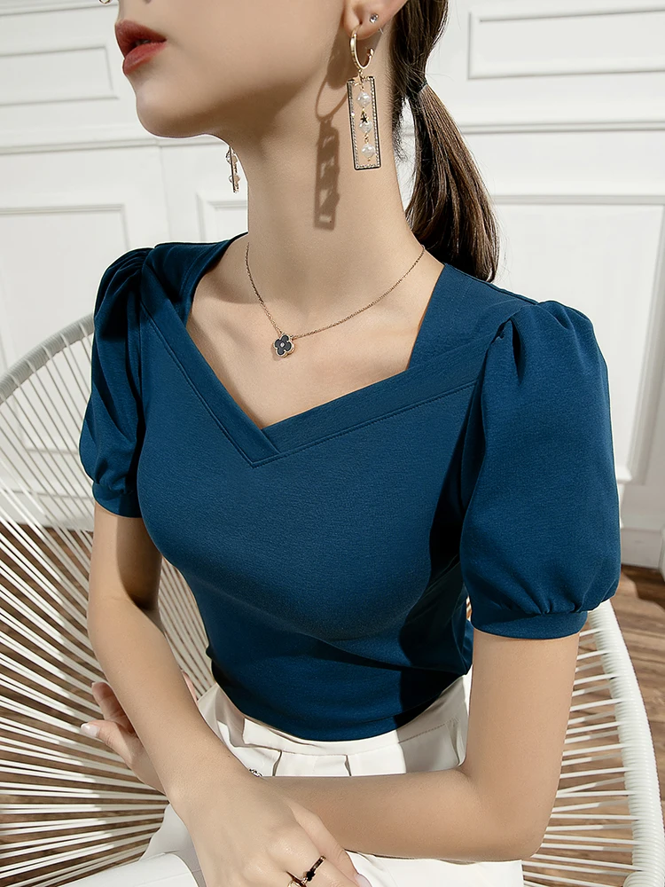 

Summer New French Retro Puff Sleeve T-shirt Women's Short-sleeved Slim Cotton Square Collar Spring and Summer Solid Color Top
