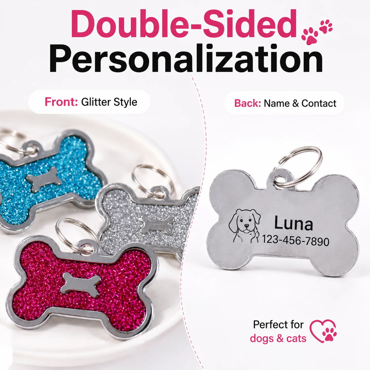 Personalized Bone-Shaped Dog ID Tag with Custom Text and Laser Engraving