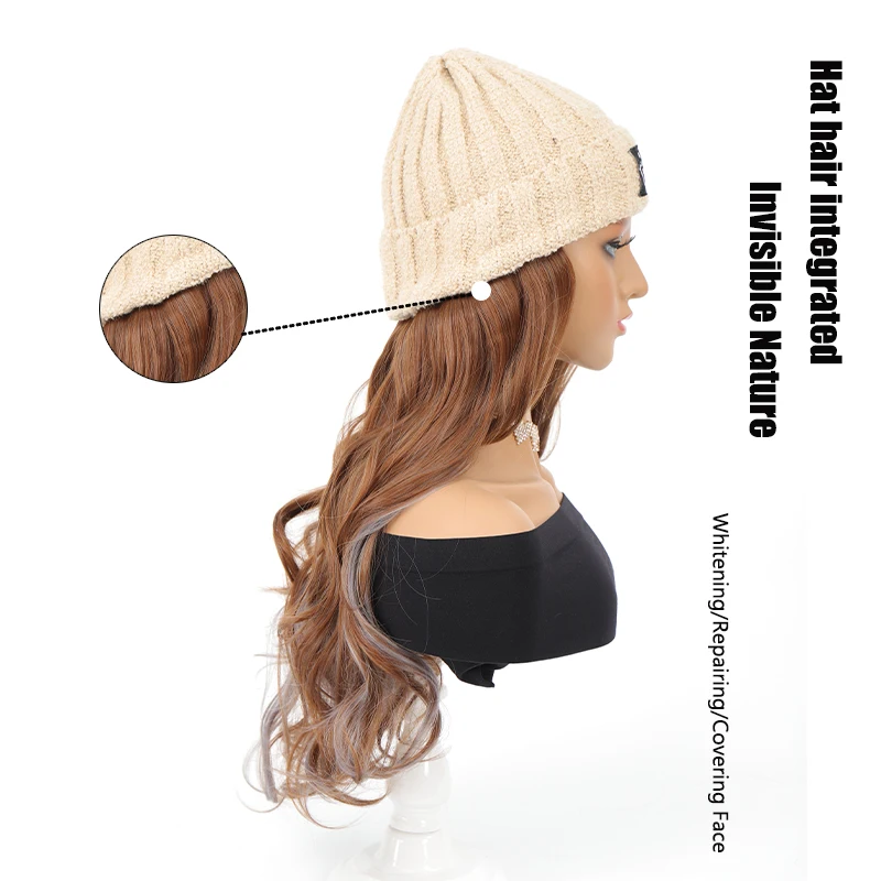 Hat wig long curly hair big waves smiling face logo knitted hat wig one-piece dyed fog blue hanging ear dye wig