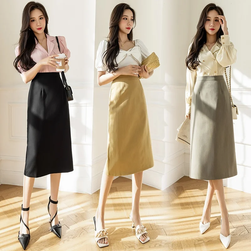 

2023 New Spring Summer Wome Midi Skirt Fashion High Waist A-line Long Skirts Office Ladies Elegant Basic Black Skirt