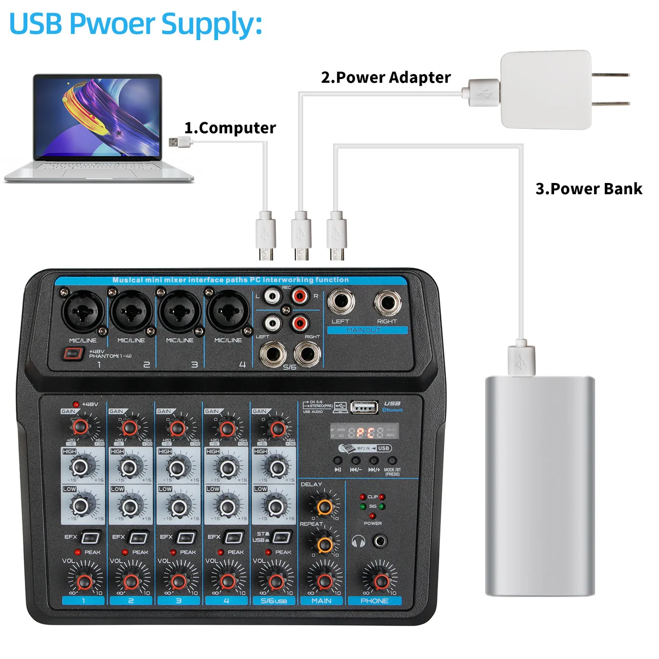 

6-way Professional Mixing Desk Small Stage Karaoke with USB Reverb Effect Bluetooth DJ Speaker Mixing Desk Digital Audio Mixer