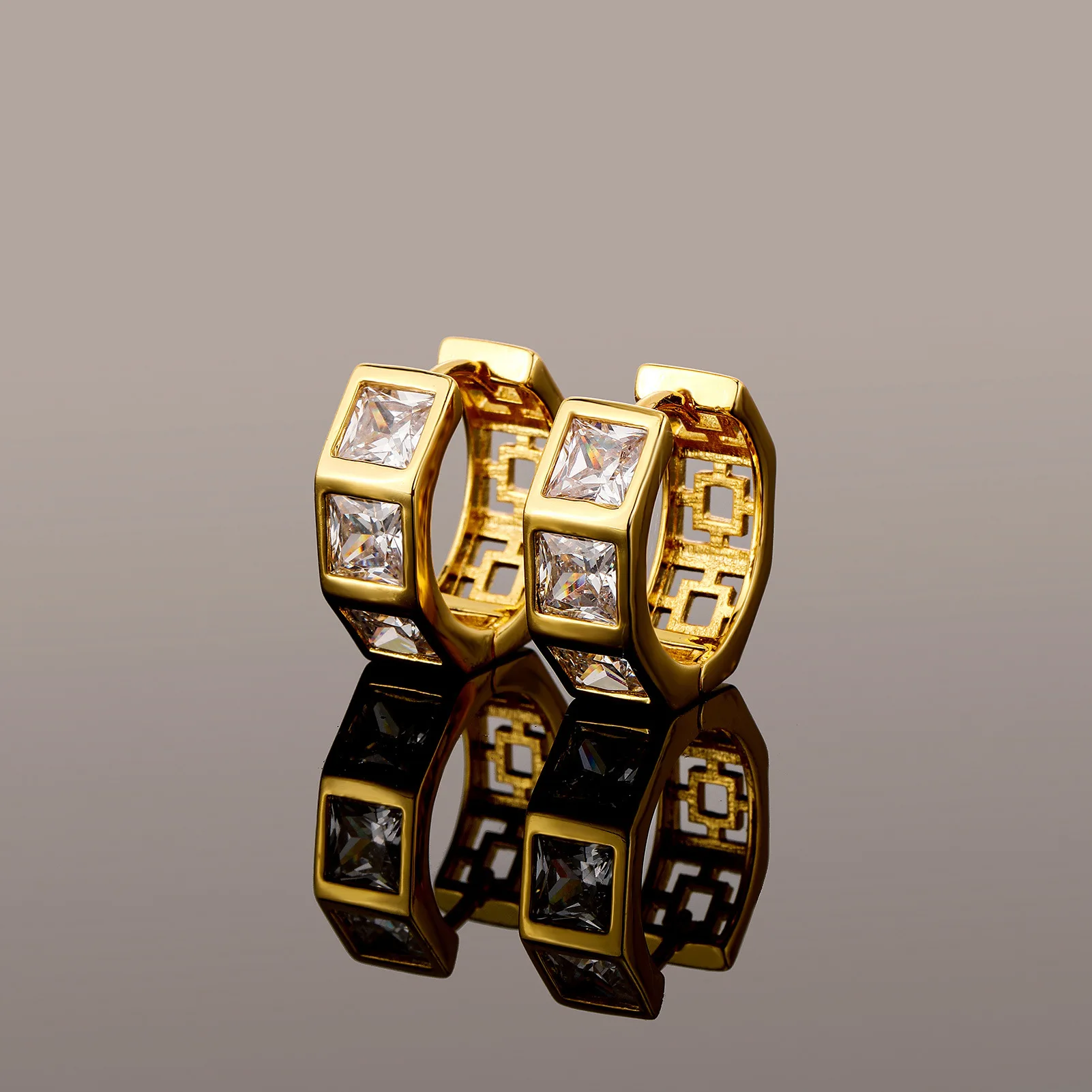 

RACHELZ Light Luxury Square Zircon Charm Earrings Hip Hop 14K Gold Plated CZ Stone Geometric Hoop Earring For Women Men Jewelry