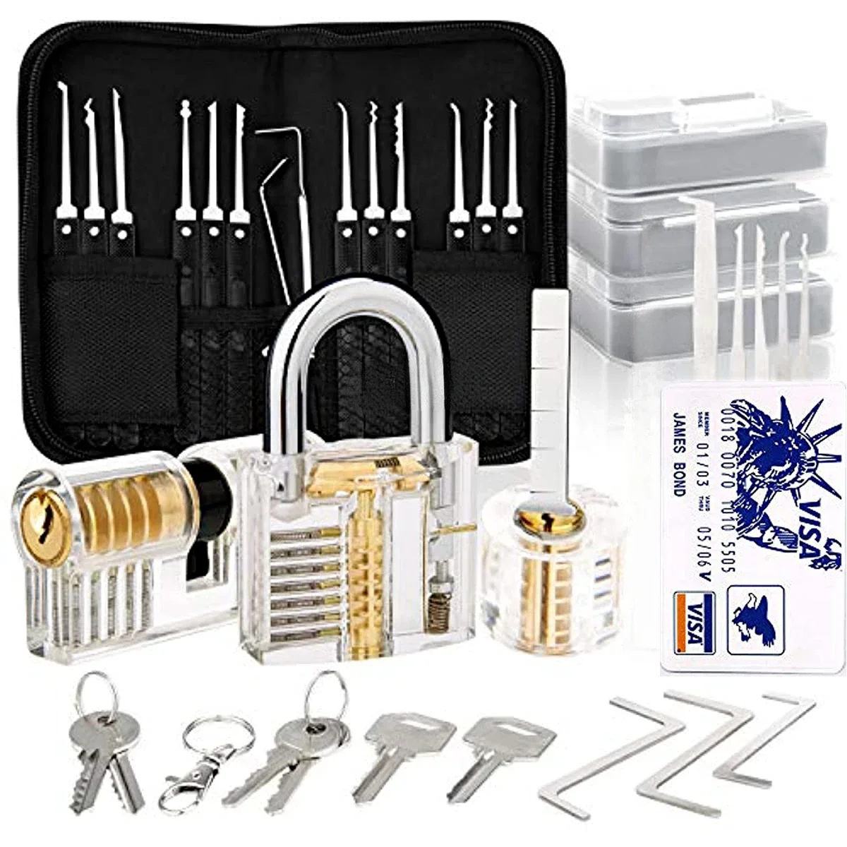 Lockpicking set with 30-piece lockpick bag & 4 practice locks