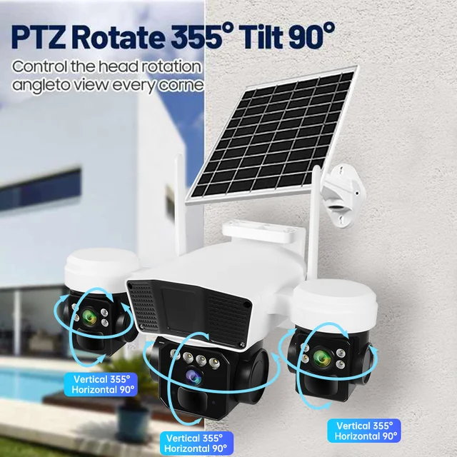 OKAM 12MP Solar Camera Three Lens Two-way Audio Outdoor IP66 Waterproof Built-in Battery Security CCTV HD 4G Network Camera 4k 6