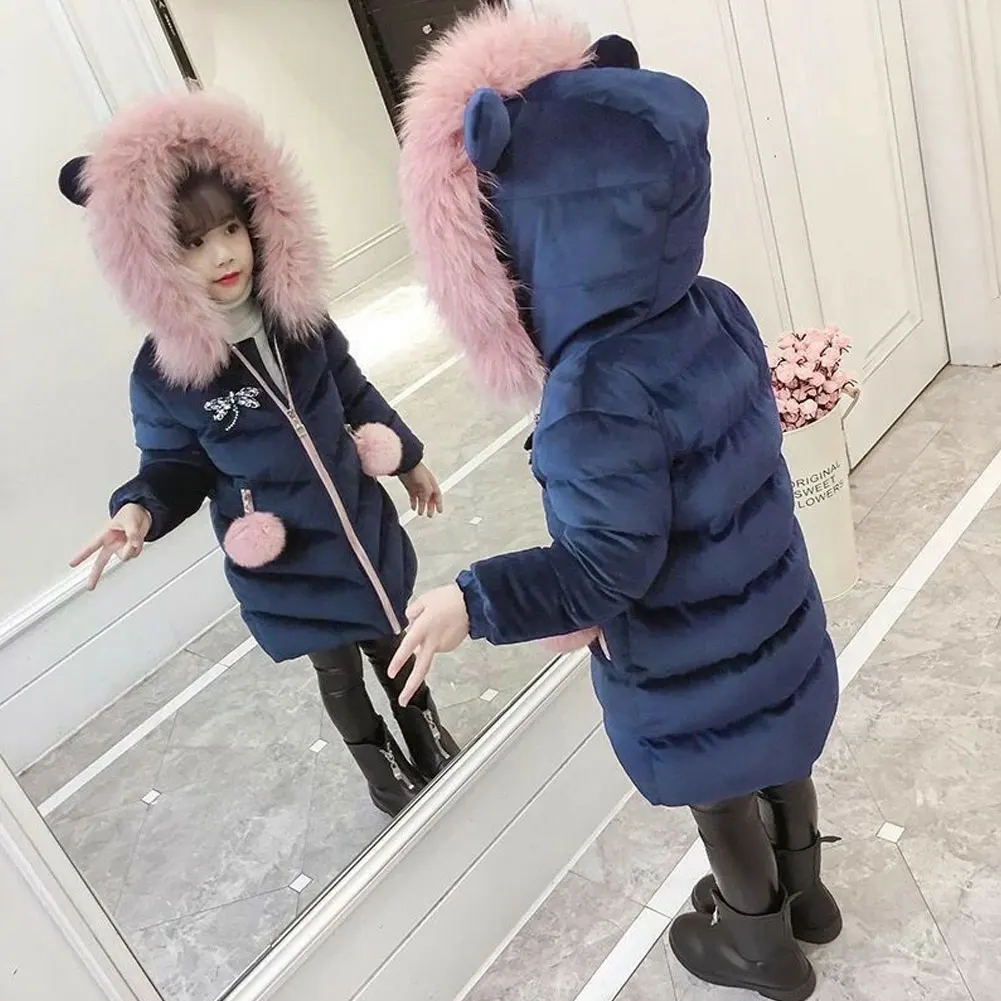 여아용 모피 후드 따뜻한 코트, 아동용 겨울 재킷, 아동용 누빔 면 아우터, 작은 곰 털볼 지퍼 두꺼운 오버코트