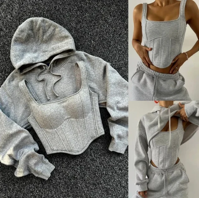 Streetwear Y2k Hoodie Two Piece Set Women Hip Hood Sexy Sling Navel Exposed Corset Casual Fashion Jogger High Waist Sports Pants 1
