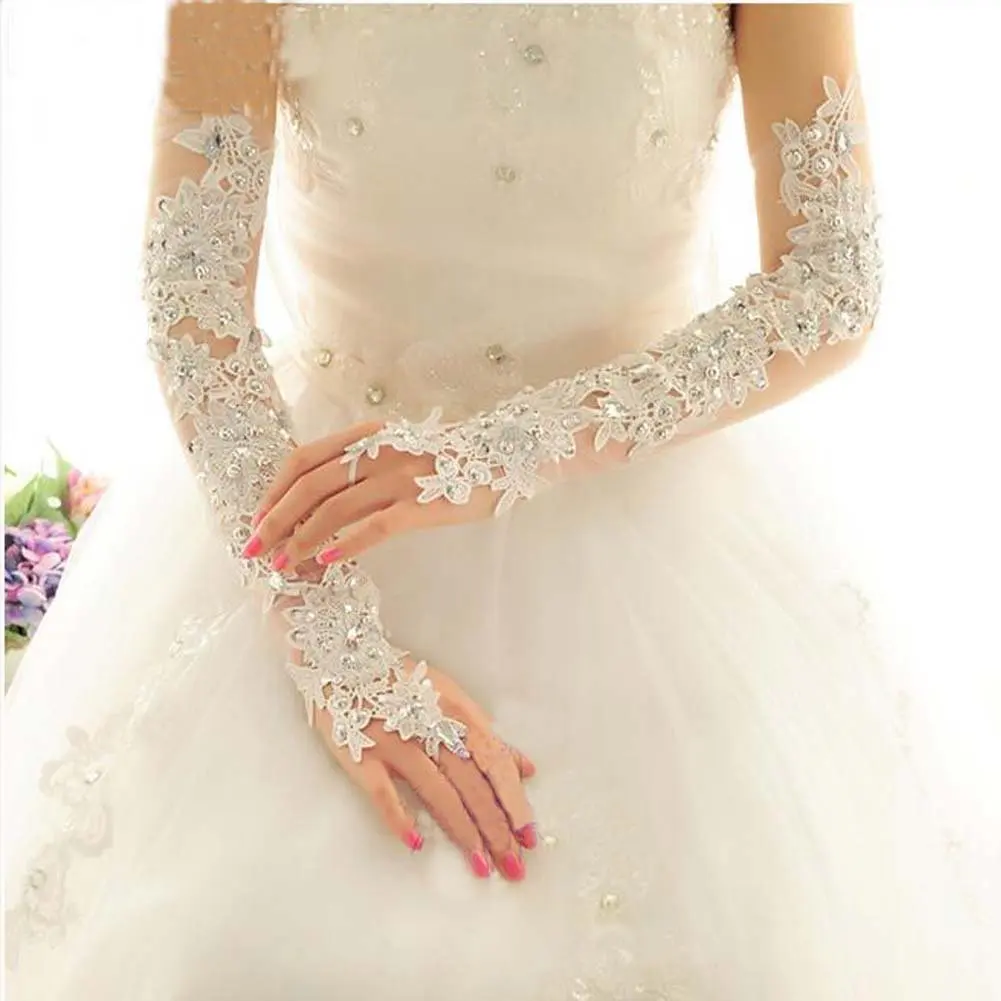 Guanti Da Sposa Lunghi In Pizzo Senza Dita Con Strass – Eleganti E Romantici, Vari Stili (Taglia M, Stile C 22x9 Cm)