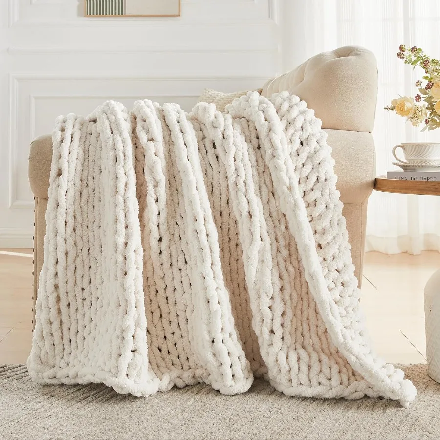Chunky Knit Throw Blanket 60 X 80 Twin Size 100 Hand Made Large Chenille Loop Yarn Soft Fluffy Throws for Couch Sofa Bed Big Cr