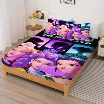 Fitted Sheet Kpop:Demon Hunter Girl Group Bed Sheets And Pillowcases Set Coverage Cartoon Cover Elastic Digital Printing Beddin