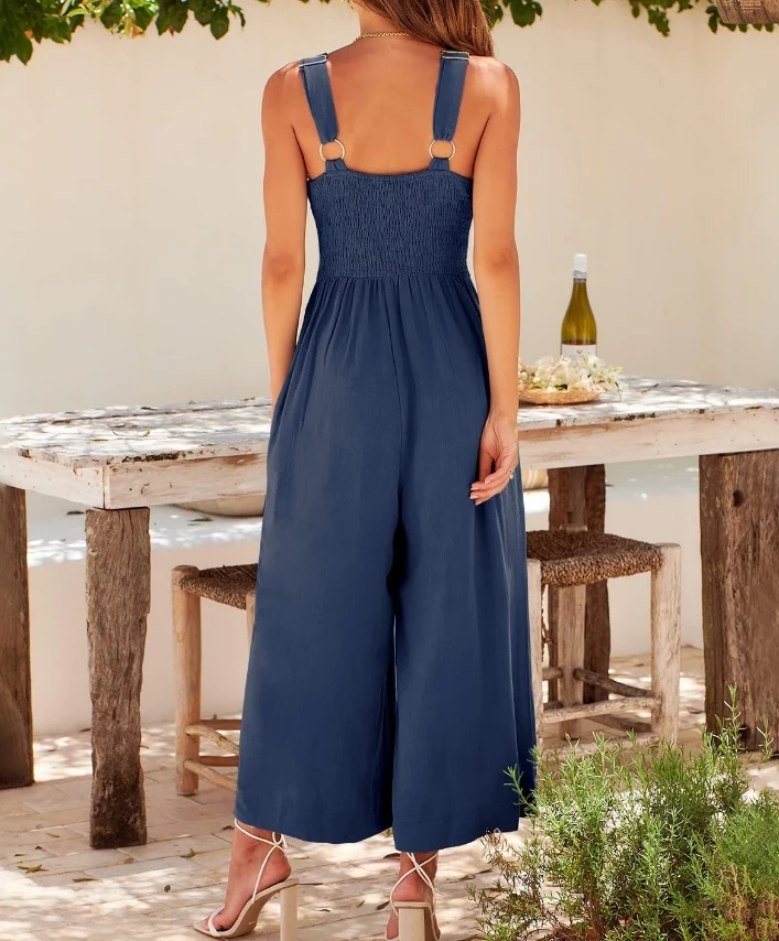 Hollowed Out Jumpsuits for Women New Casual Camisole Pleated High Waist Work Overalls Women One Pieces Bodysuit Elegant Jumpsuit