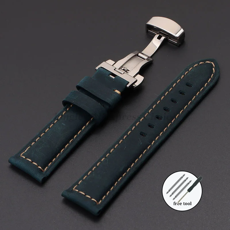 Vintage Crazy Horse Leather Watch Strap with Butterfly Buckle