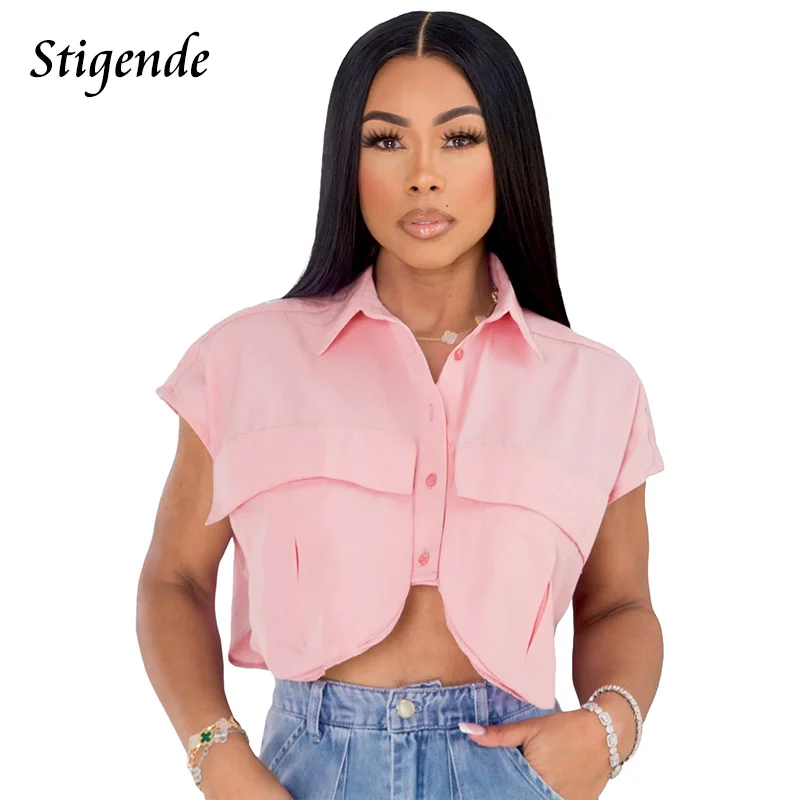 

Women Summer Sleeveless Crop Shirts Ladies Patchwork Pocket Loose Fit Sexy Tops Single Breasted Turn Down Collar Blouses