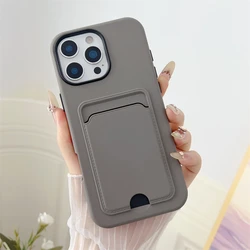 Dual Card Slot Wallet Case with Photo Pocket - Shockproof Matte TPU+PC Clear Cover - iPhone 15 Plus (Gray)