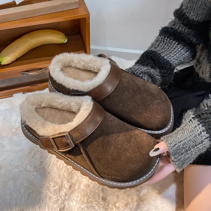 Fur Women Flats Slippers Platform Warm Walking Shoes 2023 Trend Winter New Short Plush Cotton Mules Shoes Home Fad Flip Flops