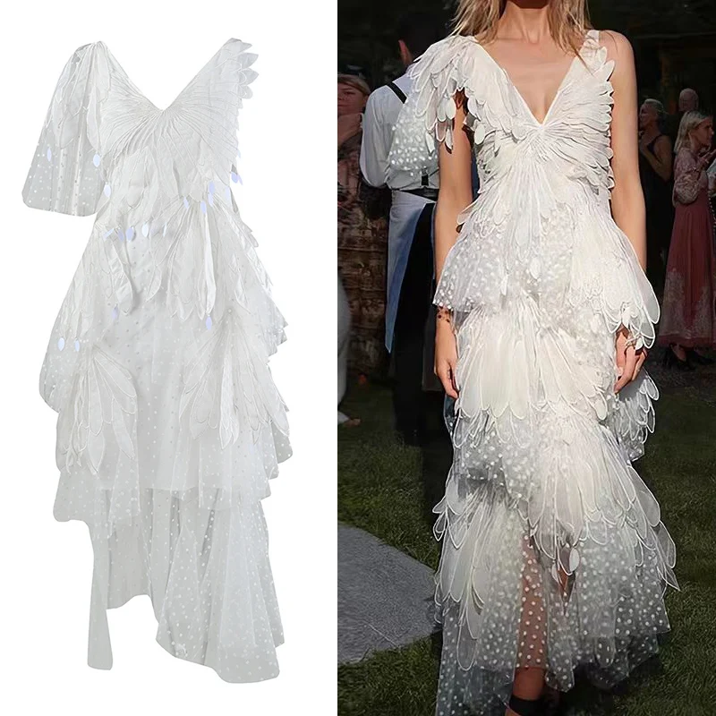 

Sweet White Polka Dot Irregular Midi Women Dress 2023 Elegant Embroidery V-neck Birthday Party Dresses Vintage Robe Women Dress