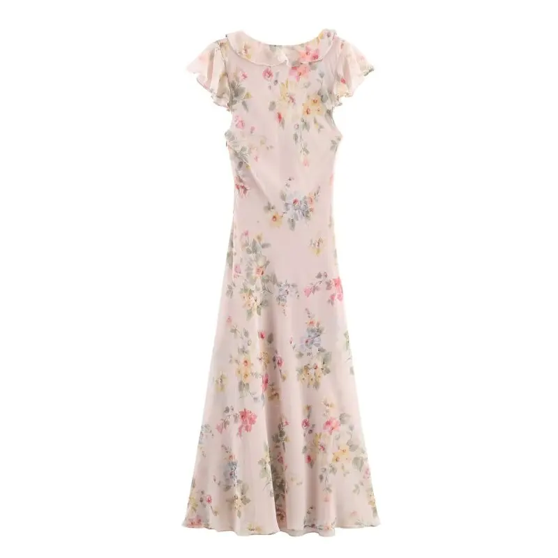 Elegante Abito Lungo Floreale in Stile Francese per Donne, Scollo a V Profondo, Maniche con Volant, Outfit Estivo Casual per Vacanze - immagine 2