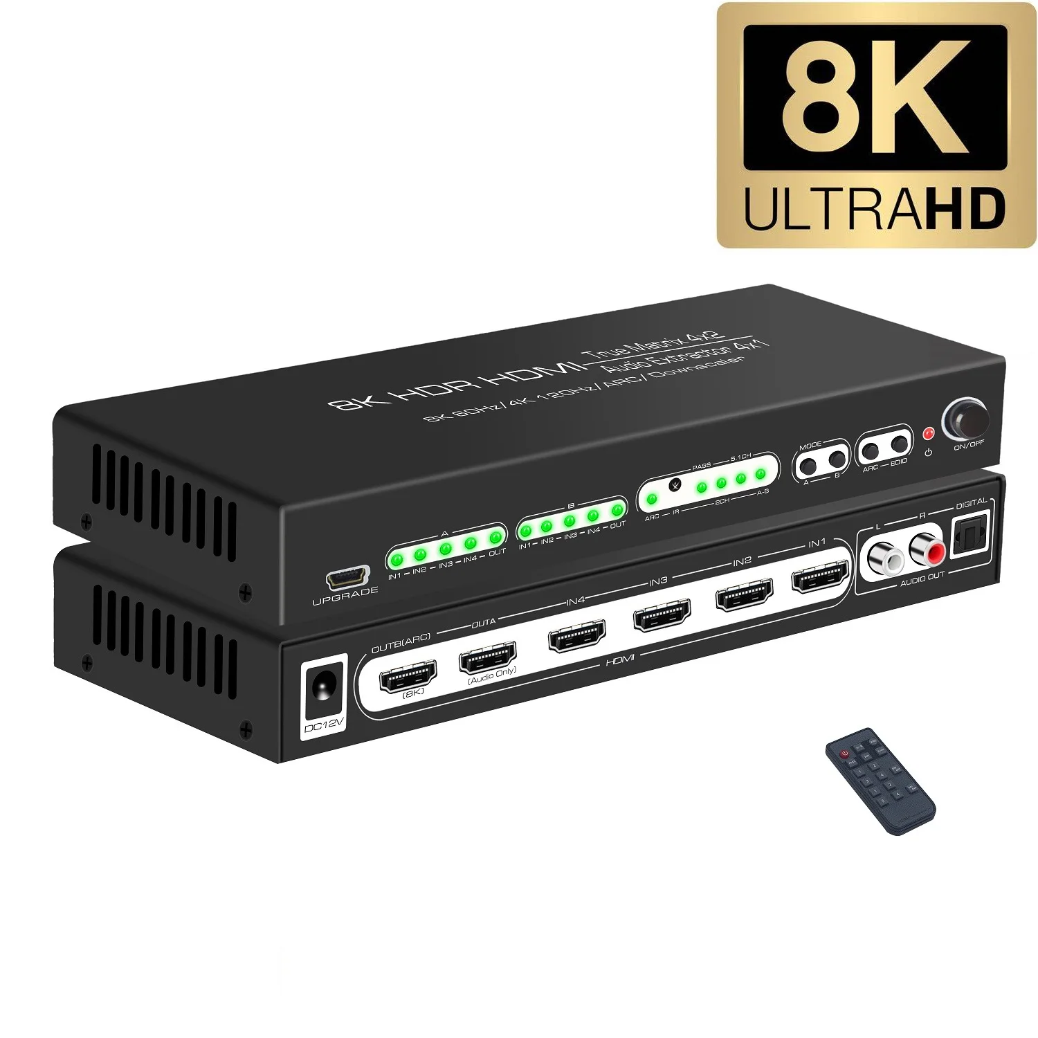 HDMI2.1 Switcher 4 In 1 Out Audio Extractor Dolby Atmos 7.1 Sound Video