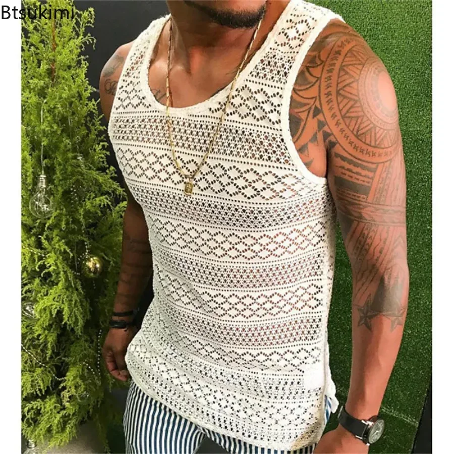 2024 Summer Tank Top for Men Lace Hollow Out Sleeveless Shirts Mens Clothing Slim Fit Gym Clothes Workout Solid Vest Tops Male