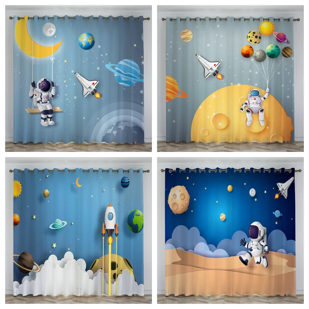 

Custom Eco-friendly Rocket Spaceman Astronaut Planet Universe Cartoon 3D Printed Curtains For Kids Boys Bedroom 2 Pieces