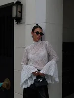 Chemise évasée en dentelle pour femmes, élégante, manches longues, Chic, col mi-haut, transparente, à lacets, haut de rue, printemps, 2026 1