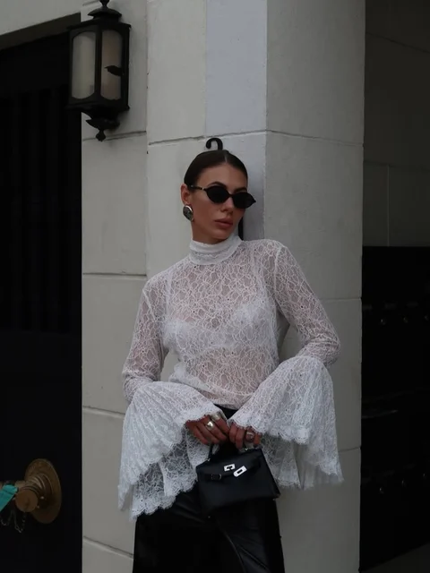 Chemise évasée en dentelle pour femmes, élégante, manches longues, Chic, col mi-haut, transparente, à lacets, haut de rue, printemps, 2026 1