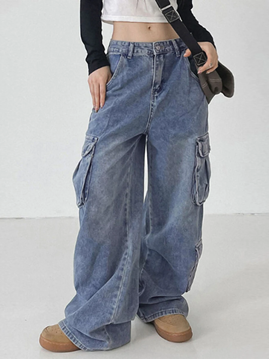 

wsevypo American Retro Baggy Cargo Denim Pants Women Low Waist Wide Straight Leg Trousers Boyfriend Style Grunge Streetwear