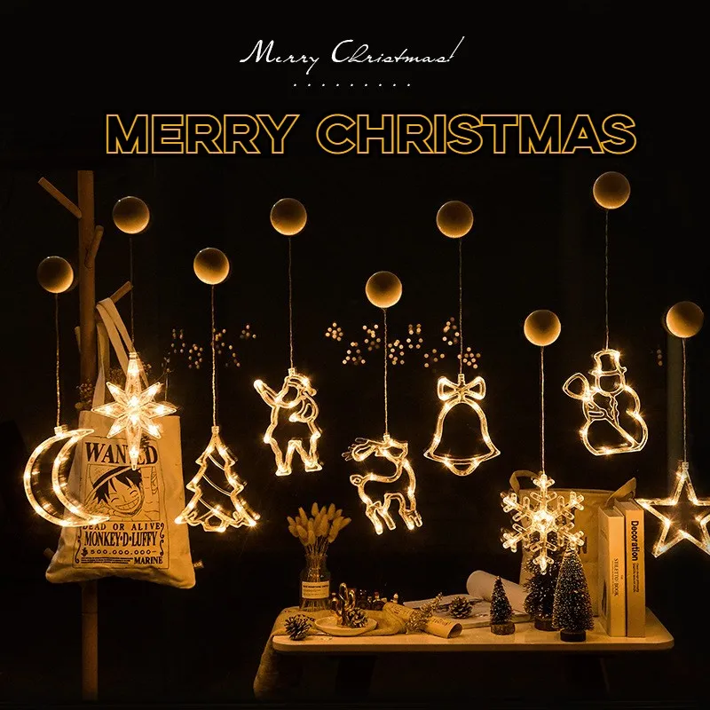 

2023 Christmas LED Sucker Light Window Ornaments Lamp Snowflake Santa Deer Bell Hanging Sucker Lamp Navidad New Year Home Decor