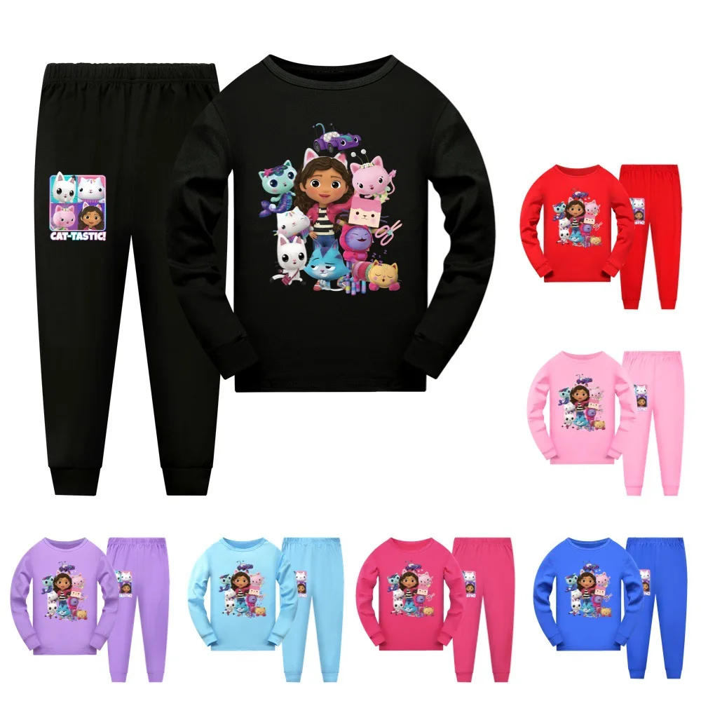 Gabbys Dollhouse Cats Costume Kids Cartoon Pyjama Baby Girls Long Sleeve T Shirt Pants 2pcs Sets Teenager Boys Casaul Sleepwear